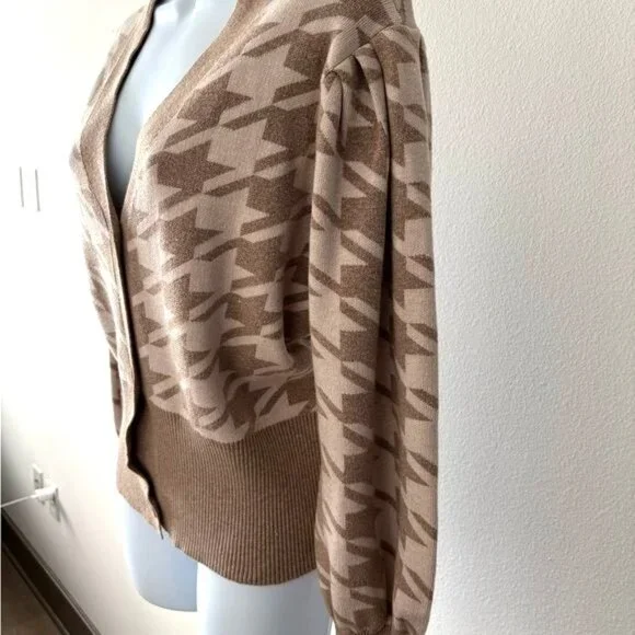 Joie Cardigan Large Tan V Neck Houndstooth Puff Sleeve Old Money Preppy Academia - Picture 8 of 11